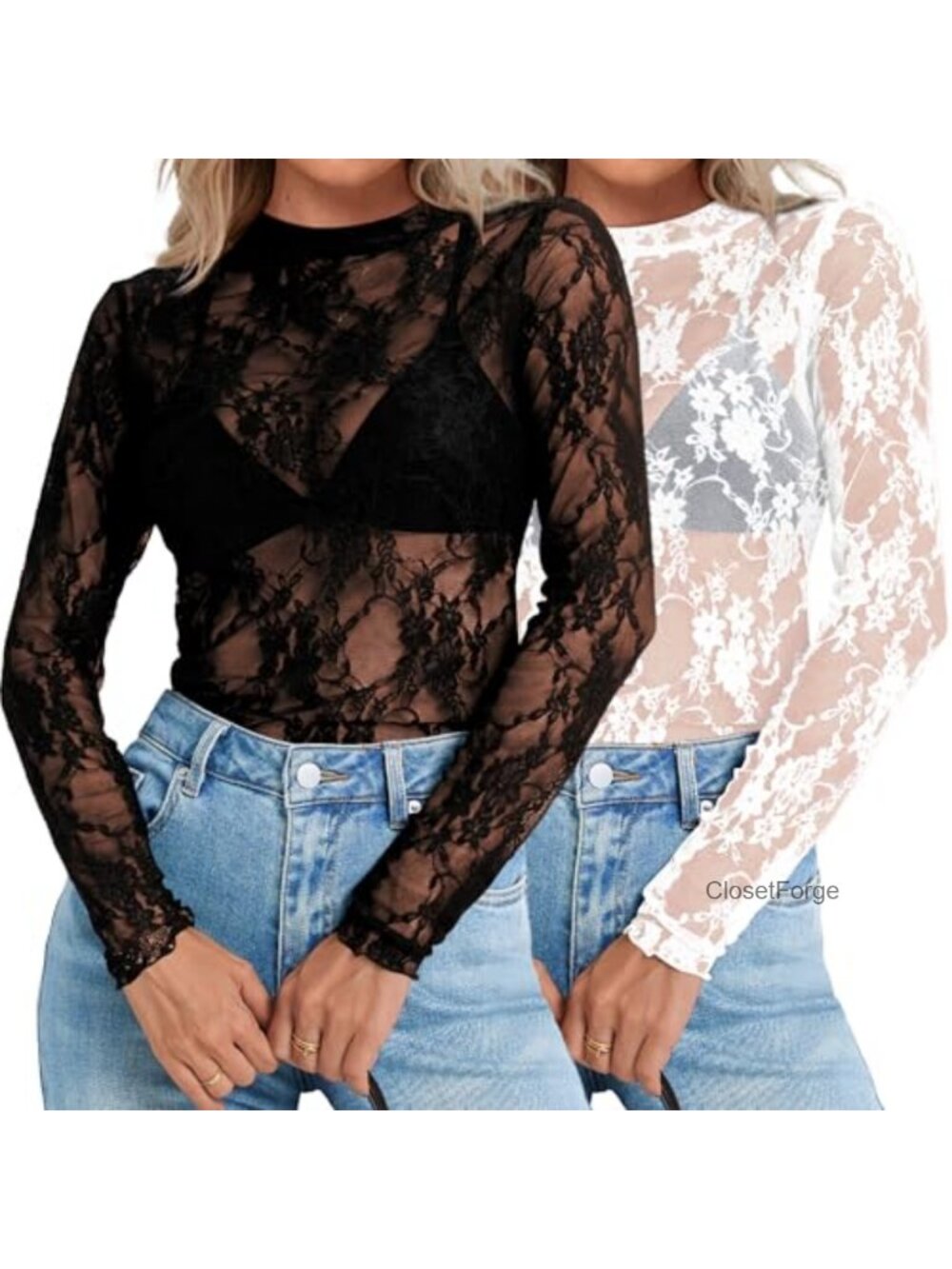Lace Mock Neck Long Sleeve Stretch Tops Women Sheer Mesh Undershirt